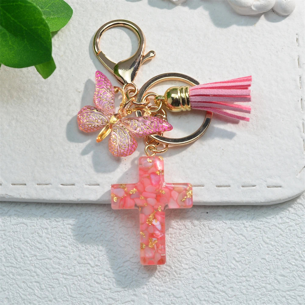 Exquisite Cross Butterfly Keychain Cute Resin Christian Cross Key Ring Purse Bag Pendant Car Key Accessories Women Party Gift