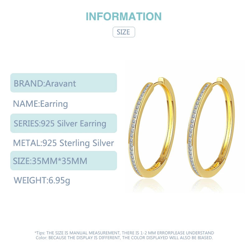 Aravant 925 Sterling Silver 35MM Zircon Hoop Earring For Women Fashion Jewelry Gift