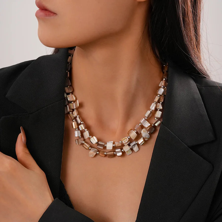 Boho Double-layer Shell Long Necklace for Women Vintage Irregular Beads Necklace Female Summer Vacation Jewelry Holiday Gifts