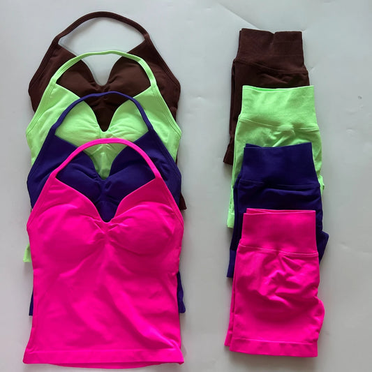 2Pcs Gym Set Women Backless Tank Tops High Waist Scrunch Seamless Shorts