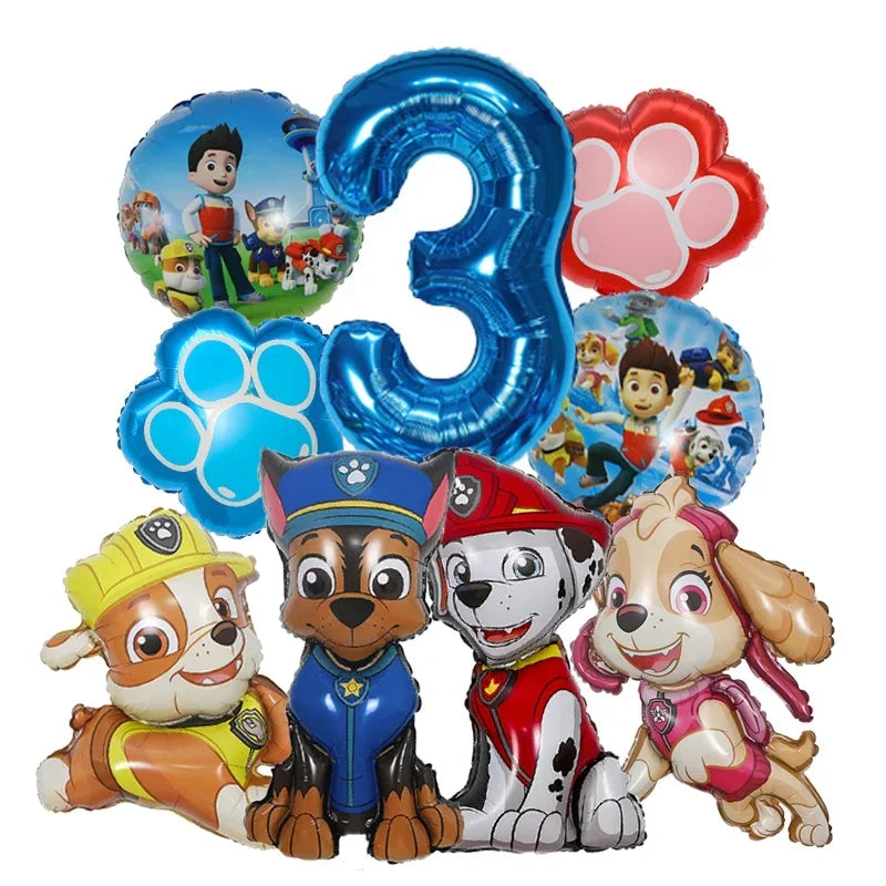 9pcs Cartoon Paw Patrol Foil Balloon Digital Number Supplies Rescue Dog Childrens Birthday Party Decoration Baby Gift Chase Skye