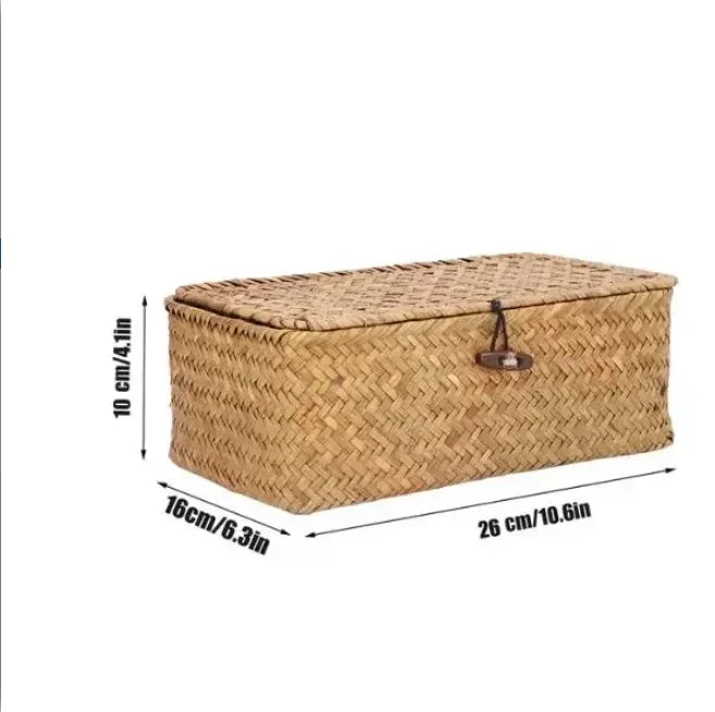 +Handwoven Seagrass Shelf Basket with Lid, Rectangular Desktop Organizer for Makeup & Sundries
