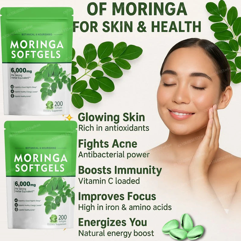200 Capsules Pure Moringa Oleifera Leaf Powder Supplement Energy, Metabolism, & Immune Support and Skin Beauty