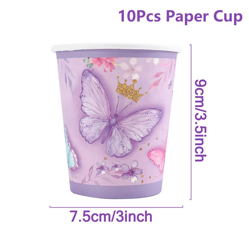 Purple Butterfly Party Decoration Disposable Paper Plates Napkins Cups Straw Tableware Set for Butterfly Birthday Party