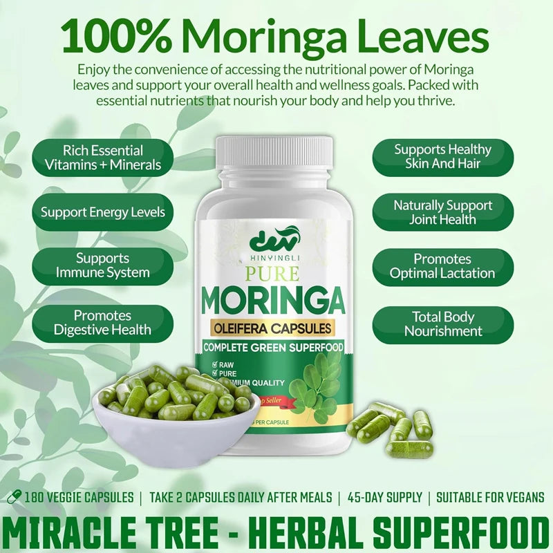 Organic Moringa Powder Capsules, used for energy, immunity, and joint health, made from pure Moringa powder organic