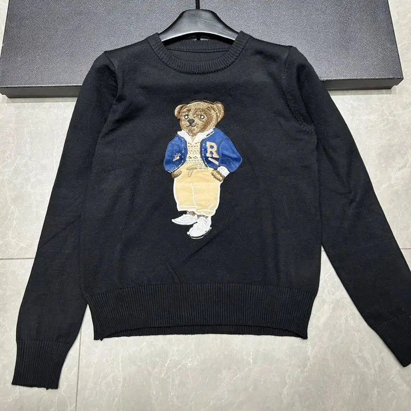 European Style Luxury Brand Loose O-Neck Bear Pullover Tops Knitwear Woman Short Sleeve T-shirt Ladies Wool Knitted Sweater