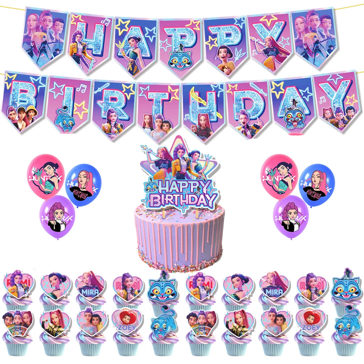 Cartoon Girl Hunters Disposable Party Tableware Banners Balloons Birthday Decoration Cake Topper Insert for Baby Shower