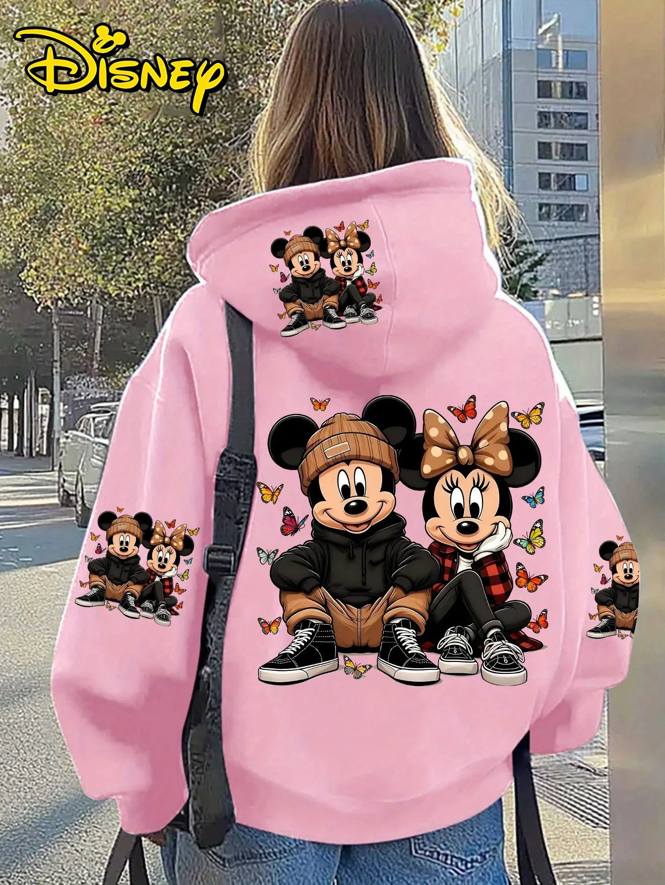 Unisex Disney Cotton Fleece Hoodie Black Color with Mickey Minnie Sitting Pose and Colorful Butterflies Back Print Loose Fit