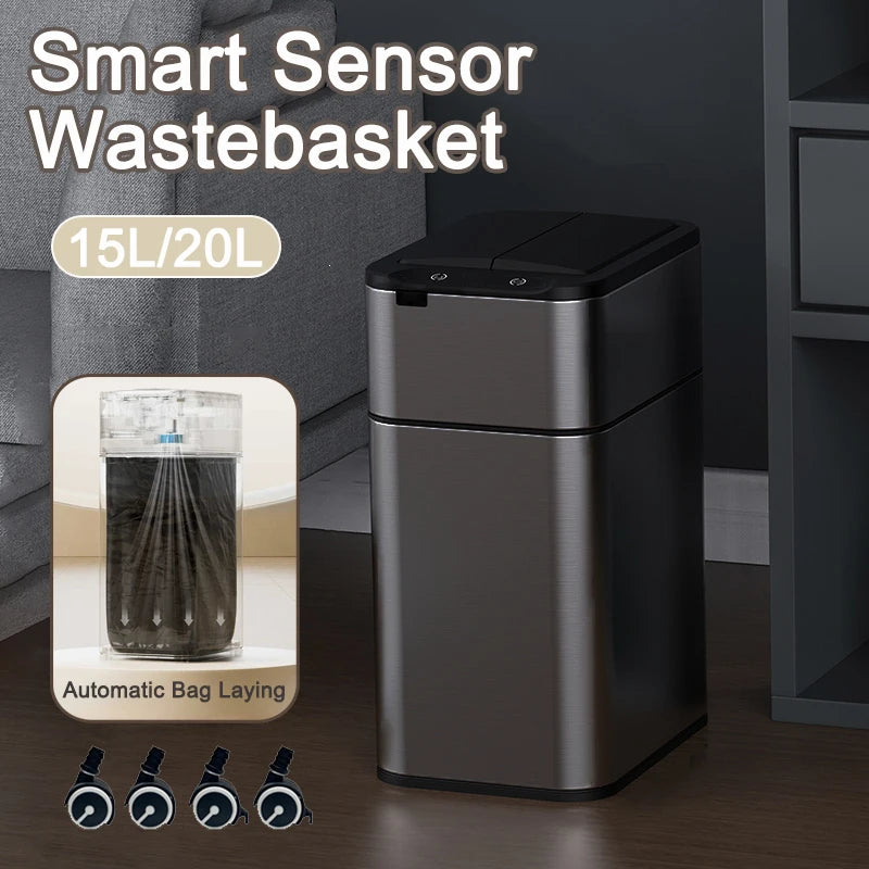 15/20L Smart Trash Can Waterproof Large Kitchen Wastebasket Sensor Automatic Bagging Trash Bin Household Rectangular Garbage Can