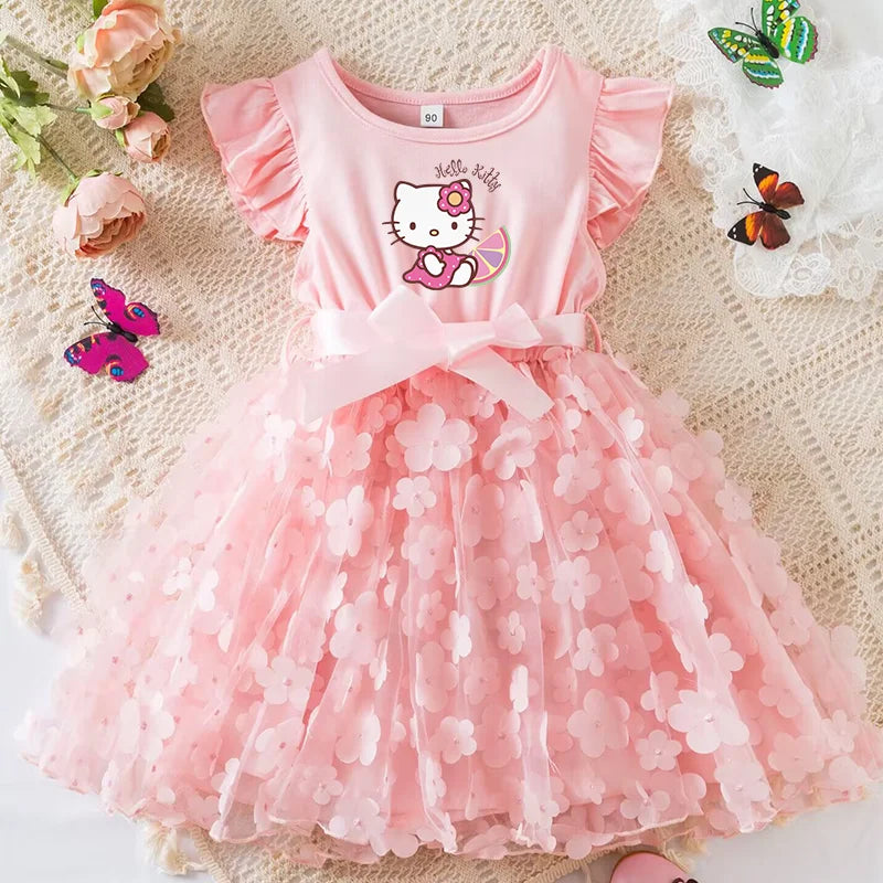 Hello Kitty Girls Summer Dress Cartoon Bow Tutu Dress 3D Butterfly Cute Cotton Party Casual Dress for Baby 2-6 Years