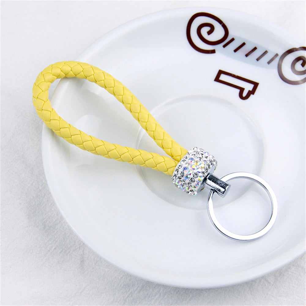 Creative Hand Woven Leather Car Keychain With Diamond Women Men Wallet Backpack Charm Bling Crystal Rope Keyring For Couple Gift