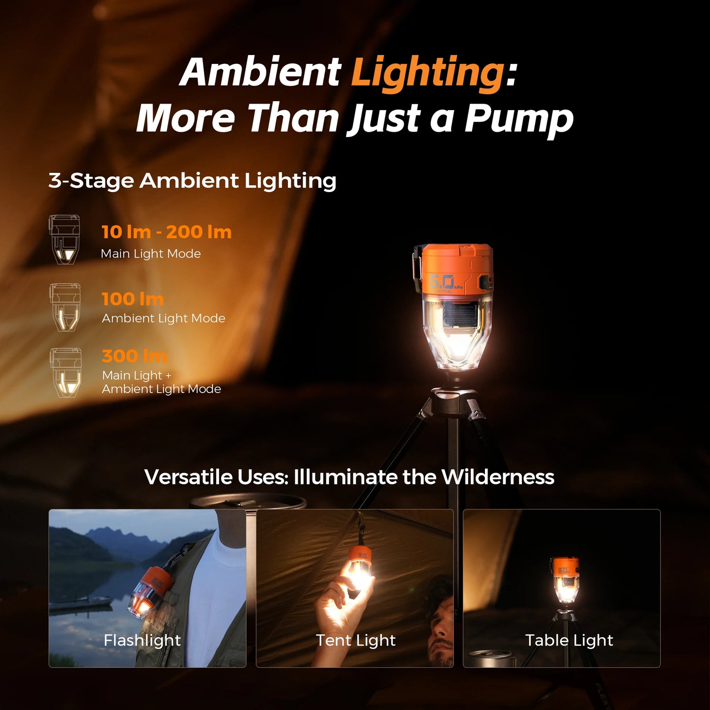 FLEXTAIL MAX PUMP 3 - Electric Air Pump, Portable Camping Pump with 3 Level Ambient Light for Air Bed, Sleeping Pads, Vacuum Bag