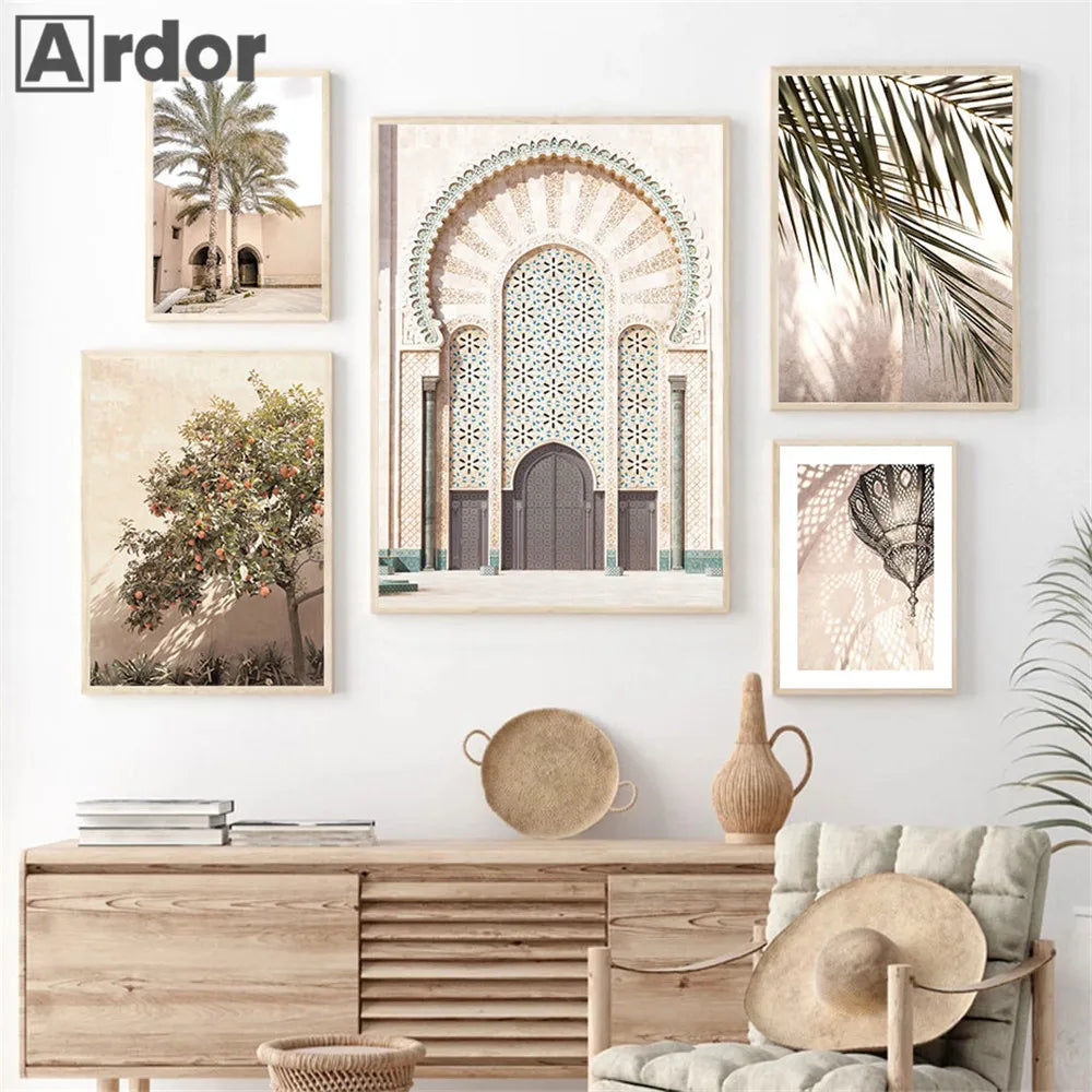 Morocco Architecture Islam Canvas Art Print Beige Flower Palm Tree Painting Ayatul Kursi Muslim Poster Wall Pictures Home Decor