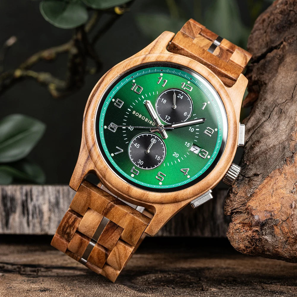Wooden Watch for Men BOBO BIRD Chronograph Wristwatch with Luminous Hands Wood Watches Anniversary Gift for Him