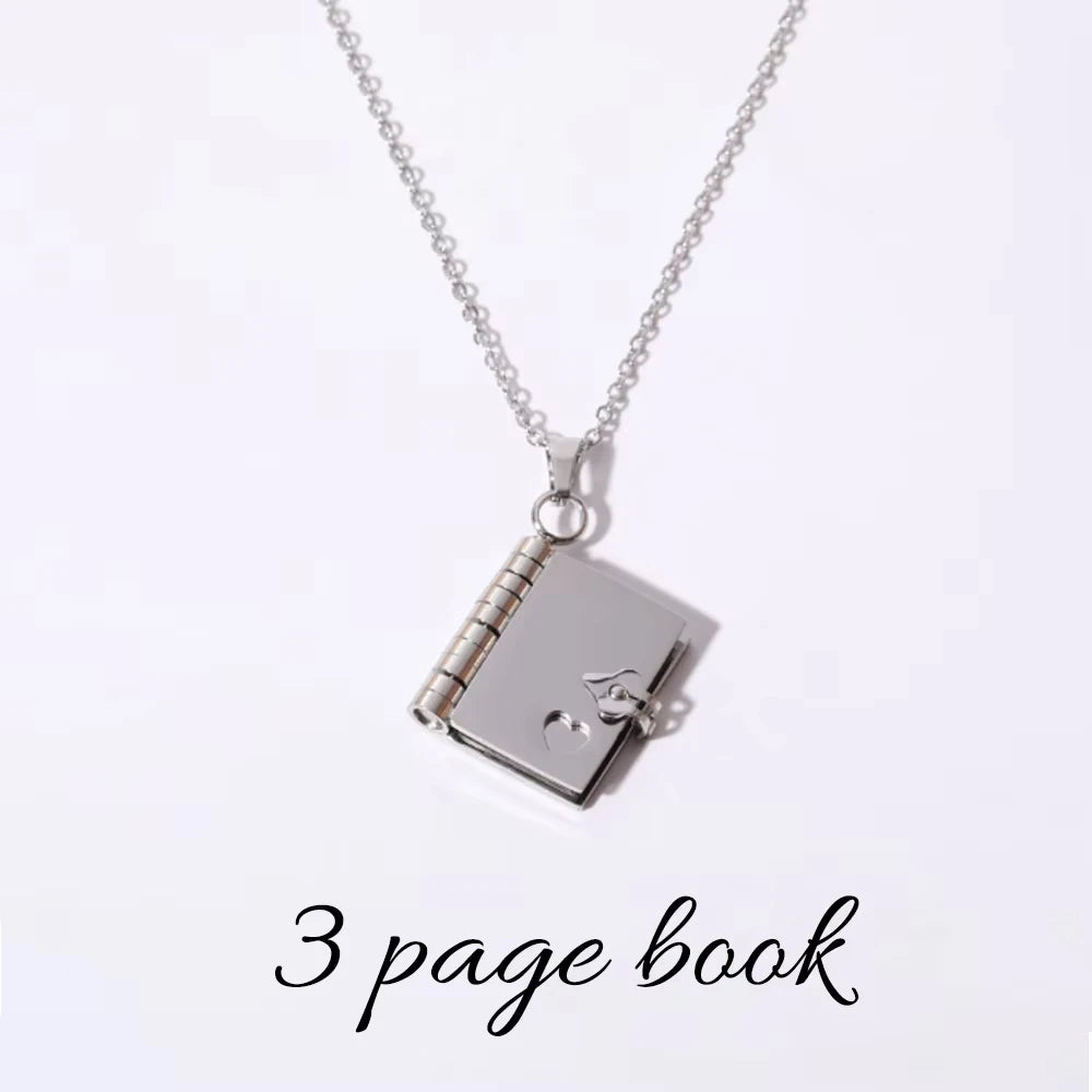 Akizoom Personalized Engrave Name Couple Book Necklace Stainless Steel Custom Book Locket Pendant for Women Family Jewelry Gift
