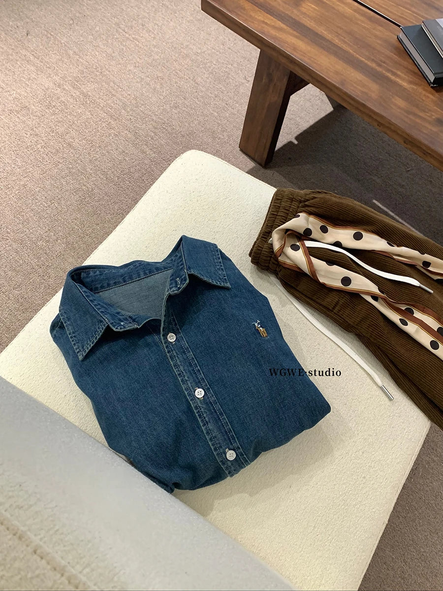 Retro Washed Denim Shirt with  Logo Classic Preppy Style Long Sleeve Women's Casual Fashion Autumn Season Button Closure