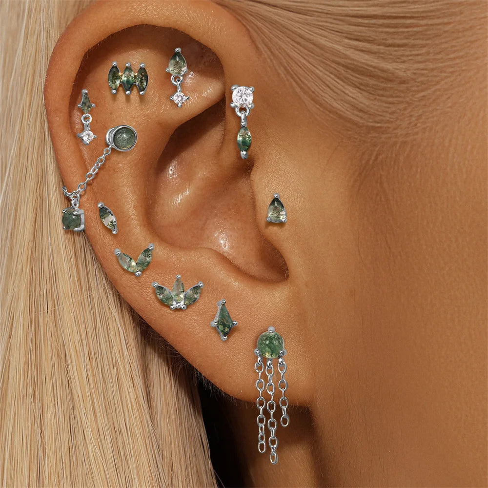 AIDE Water Grass Agate 925 Sterling Silver Flat Head Thread Piercing Earring Green Moss Piercing Ear Bone Earring Jewelry 1pc