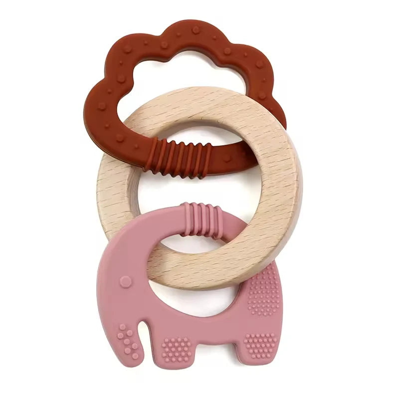 Baby Teething Toys Silicone Wooden Ring Teether BPA Free Cute Elephant Babies Chew Toy for Boys and Girls Newborn Gifts