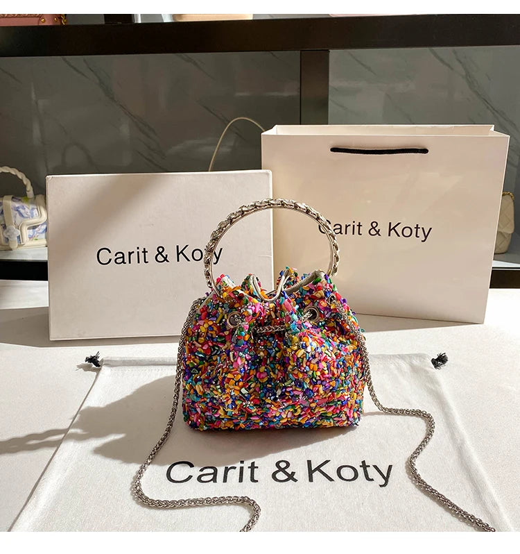 Luxury Designer Colorful Stones Evening Clutch Bag Wedding Party Bucket Purse Metal Handle Women Handbag Shoulder Messenger Bag