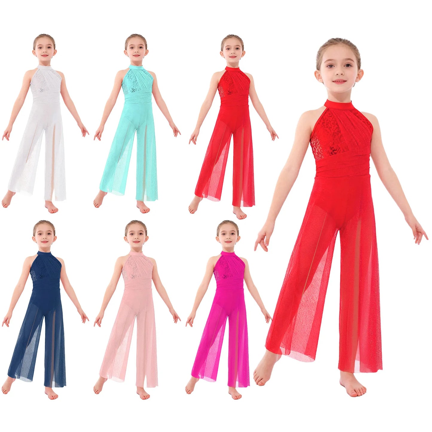 Children Girls Modern Lyrical Dance Jumpsuit Sleeveless Shiny Sequin Mesh Split Ballet Figure Skating Gymnastic Leotard Bodysuit