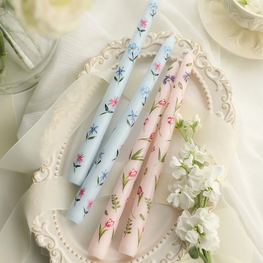 2pcs/Box 9.85in Taper Scented Candles Romantic Hand Painted Rose Long Candle For Home Decoration Candle Wedding Decoration
