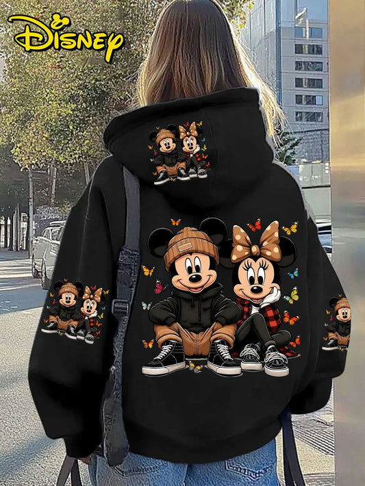 Unisex Disney Cotton Fleece Hoodie Black Color with Mickey Minnie Sitting Pose and Colorful Butterflies Back Print Loose Fit