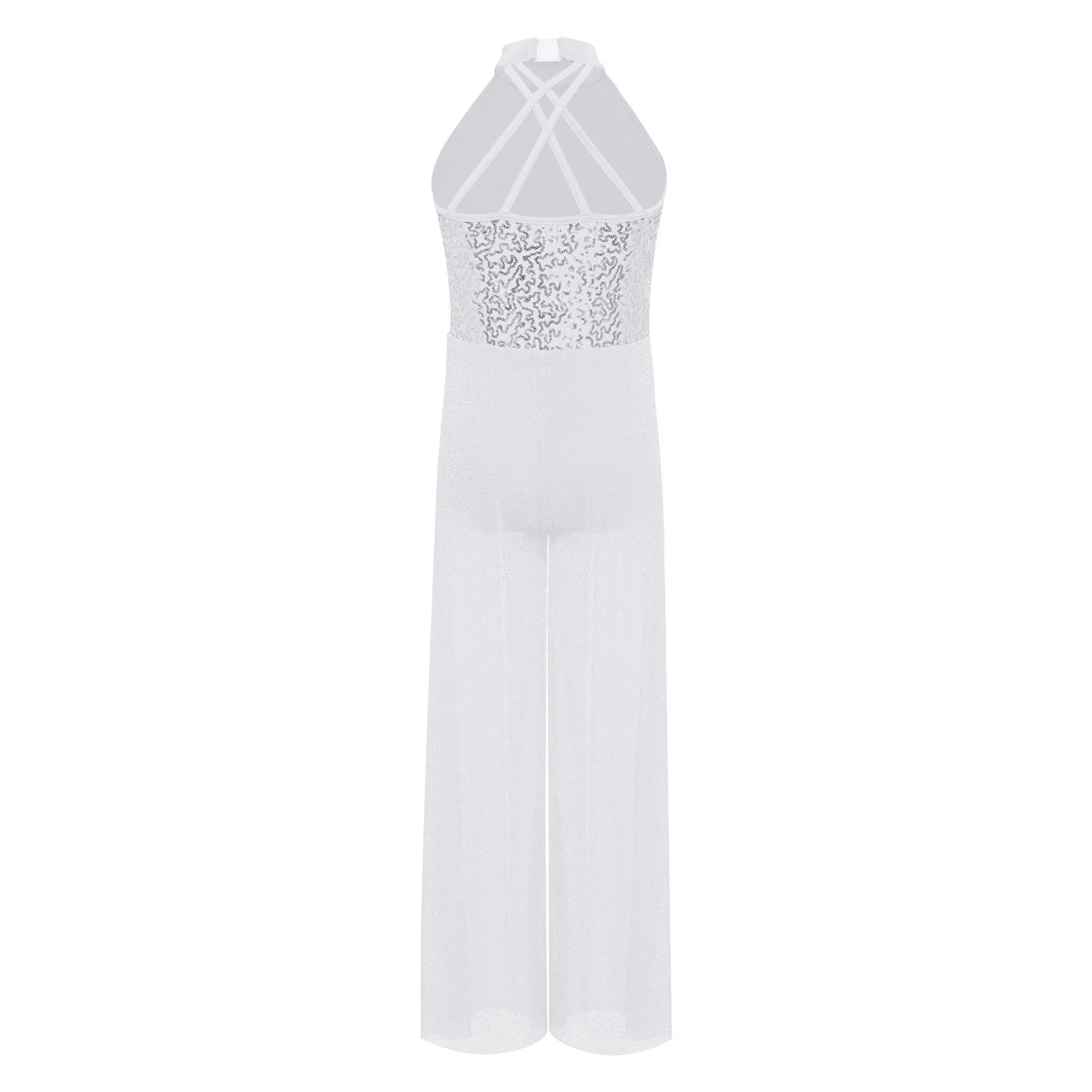Children Girls Modern Lyrical Dance Jumpsuit Sleeveless Shiny Sequin Mesh Split Ballet Figure Skating Gymnastic Leotard Bodysuit