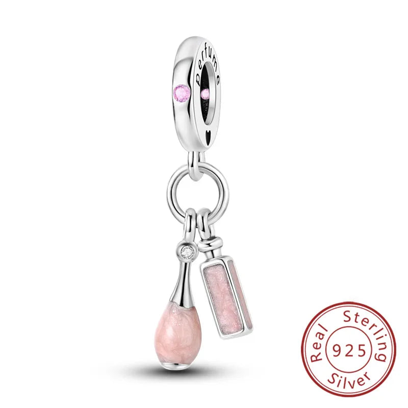 Fit Original 925 Sterling Silver Charms Beads Bow Perfume Bottle Pink Charms for Women Fine DIY Birthday Jewelry Gifts