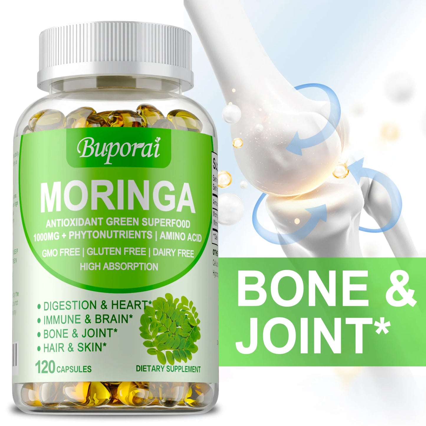Moringa Capsules 1000mg - Boosts Energy Levels, Promotes Metabolism, Digestive Health,Promote Bone, Joint, Immune Health