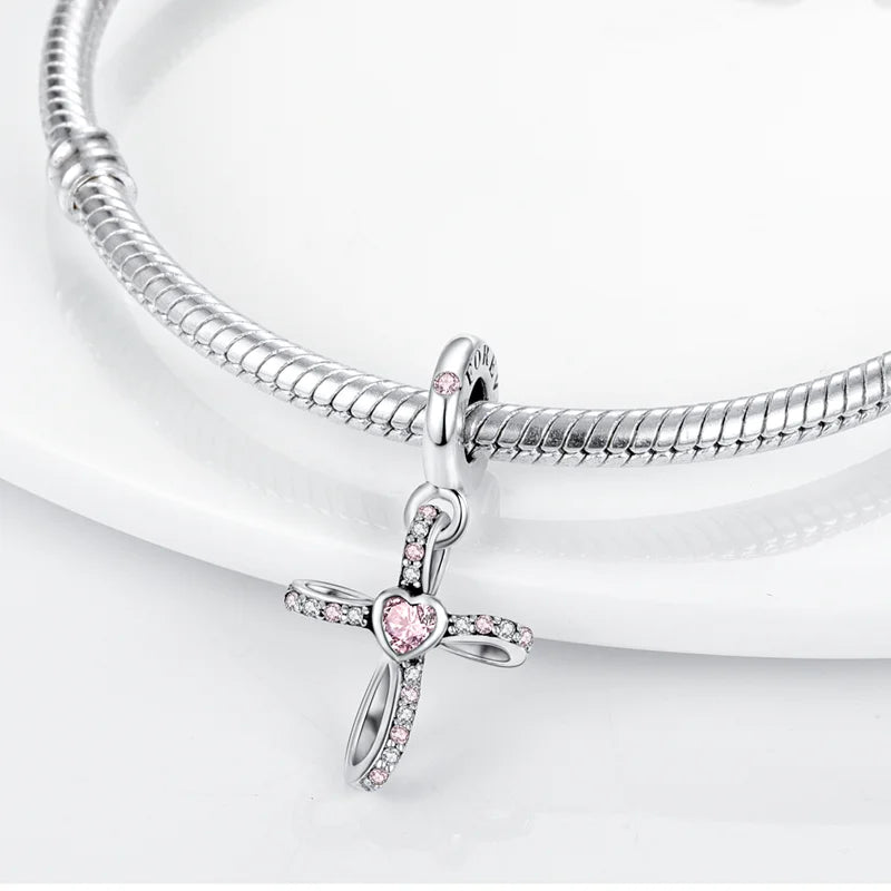 Original 925 Sterling Silver Pink Series Charms Beads Bow Perfume Bottle Heart-Shaped Cross Pendant Fit Bracelet DIY Jewelry